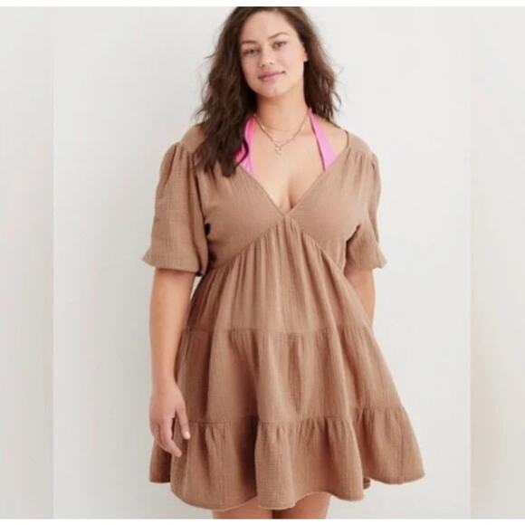 Aerie Cappuccino Brown Gauze Summer Dress Puff Sleeve Boho Mini Size Small - Picture 1 of 10